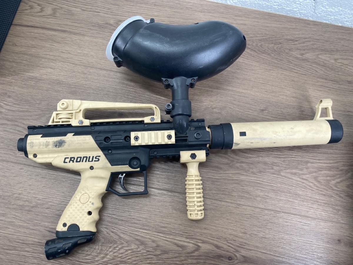 TIPPMANN ARMS CRONUS PAINTBALL MARKER GUN, TAN, HOPPER, *TESTED* Very